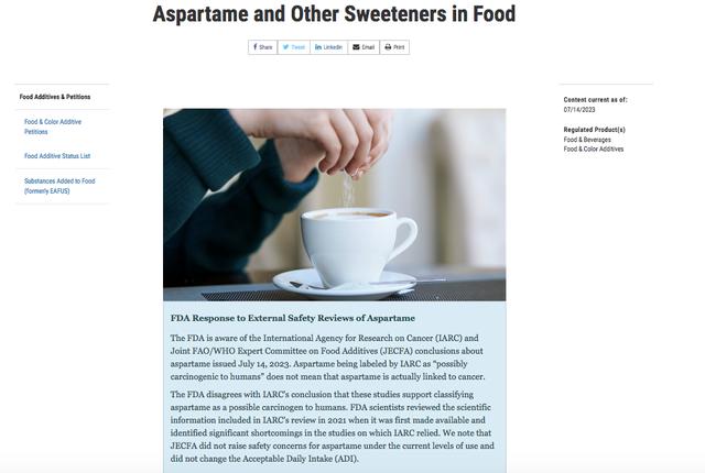 美国食品药品监督管理局在官网对阿斯巴甜发文。 官网截图